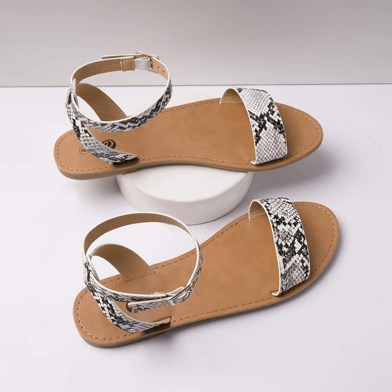 Rekayla Flat Faux Leather Ankle Strap and Adjustable Buckle Sandals for Women
