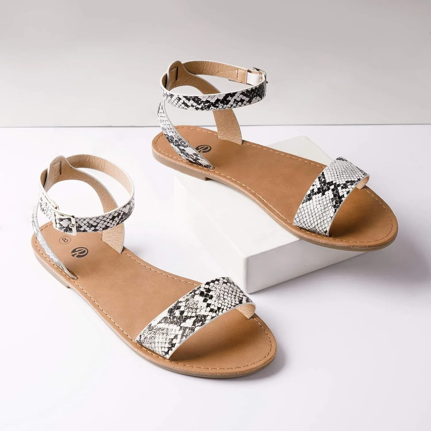 Rekayla Flat Faux Leather Ankle Strap and Adjustable Buckle Sandals for Women