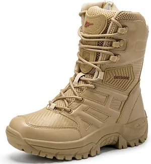 Renyqatt Tactical Boots for Men 8 Inches Military Work Boots Side Zipper Leather Combat Hunting Boots jungle Army Boots