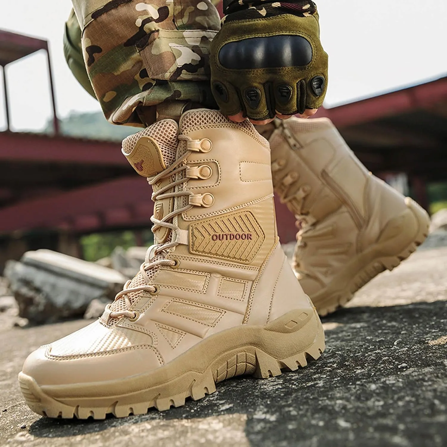 Renyqatt Tactical Boots for Men 8 Inches Military Work Boots Side Zipper Leather Combat Hunting Boots jungle Army Boots