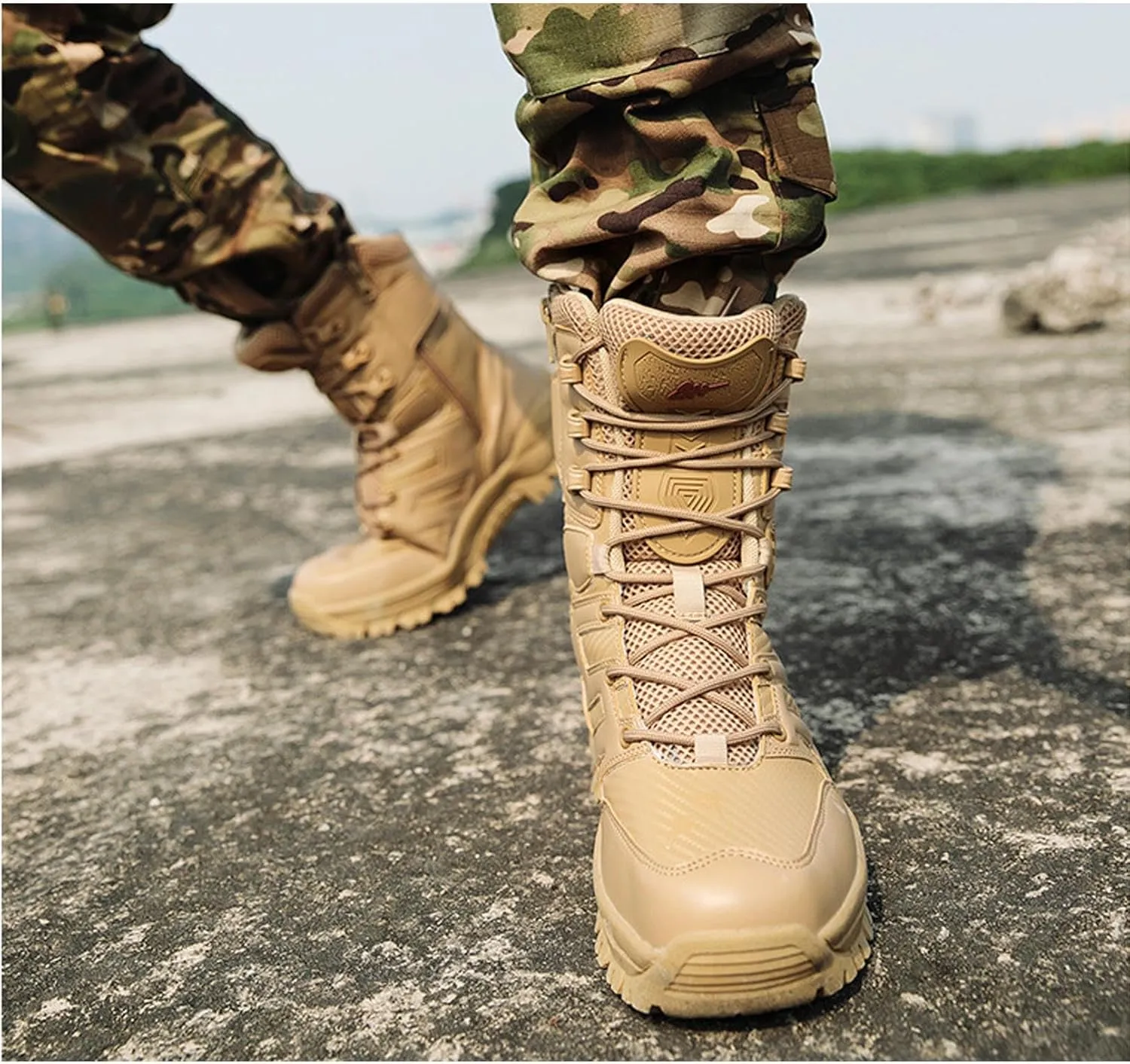Renyqatt Tactical Boots for Men 8 Inches Military Work Boots Side Zipper Leather Combat Hunting Boots jungle Army Boots