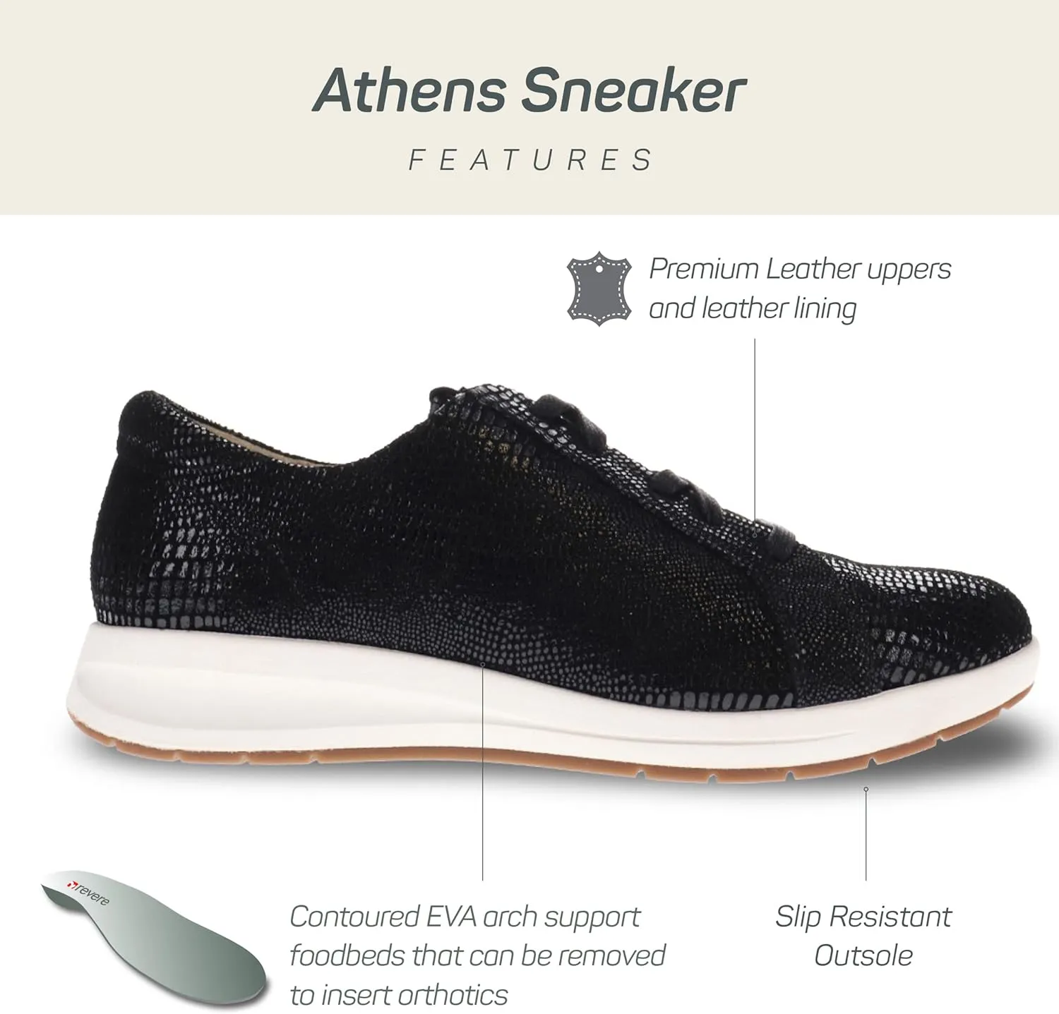 Revere Athens Women's Sneakers – Lightweight Premium Leather Sneakers with Customizable Fit and Removable Footbed with Arch Support