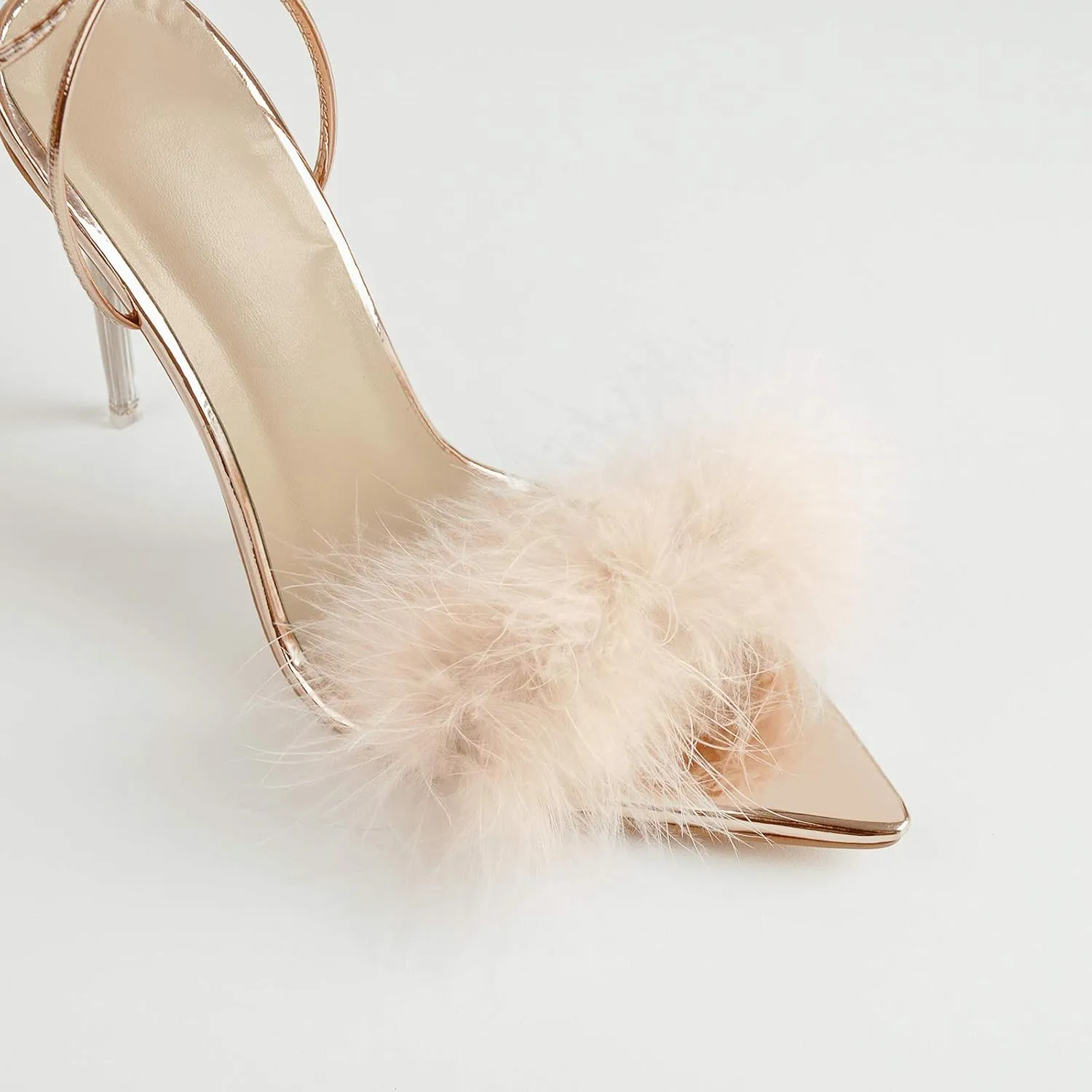 Richealnana Women's Fluffy Feather Pointed Toe Clear Heels Sandals