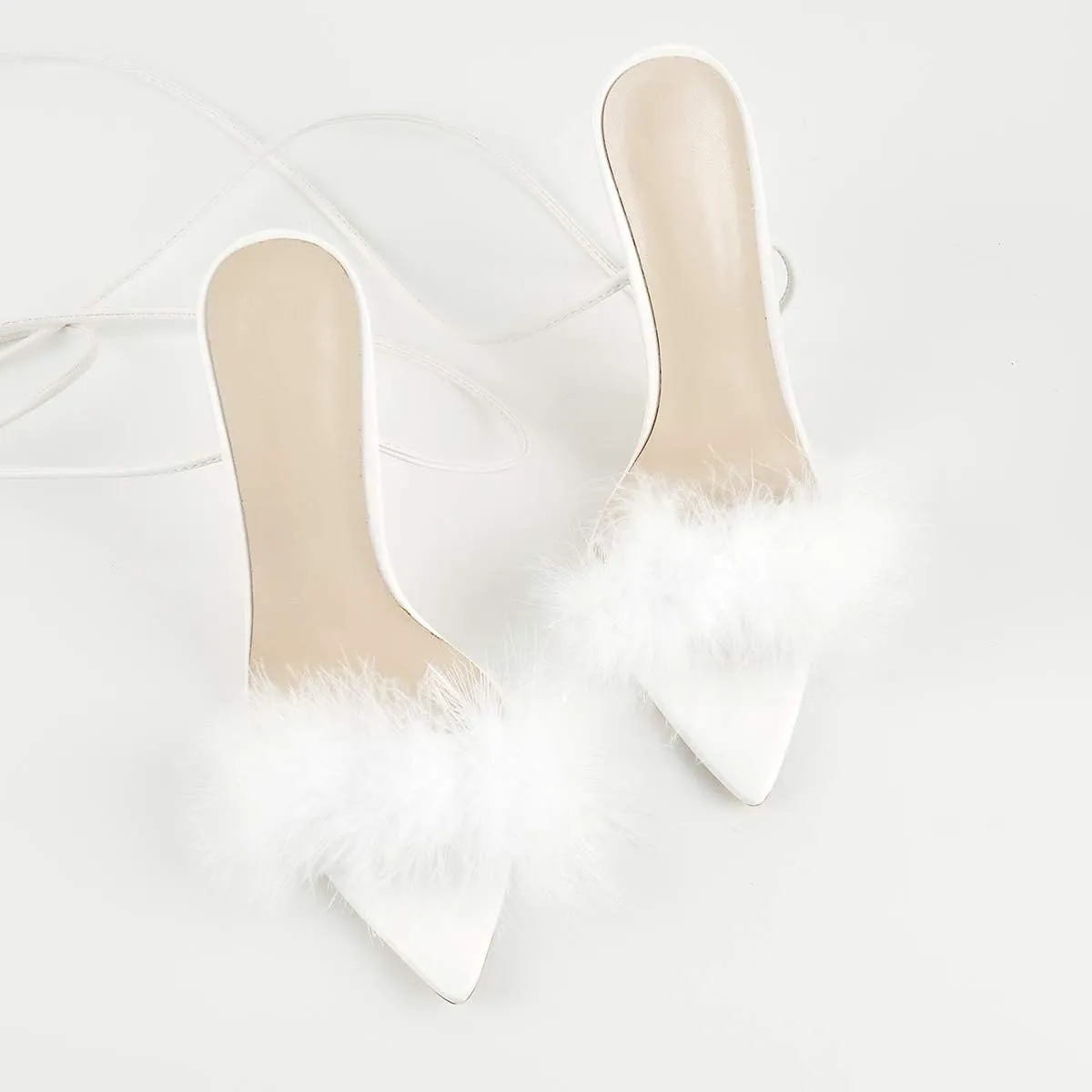 Richealnana Women's Fluffy Feather Pointed Toe Clear Heels Sandals
