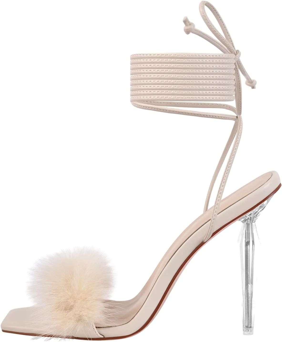 Richealnana Women's Fluffy Feather Pointed Toe Clear Heels Sandals