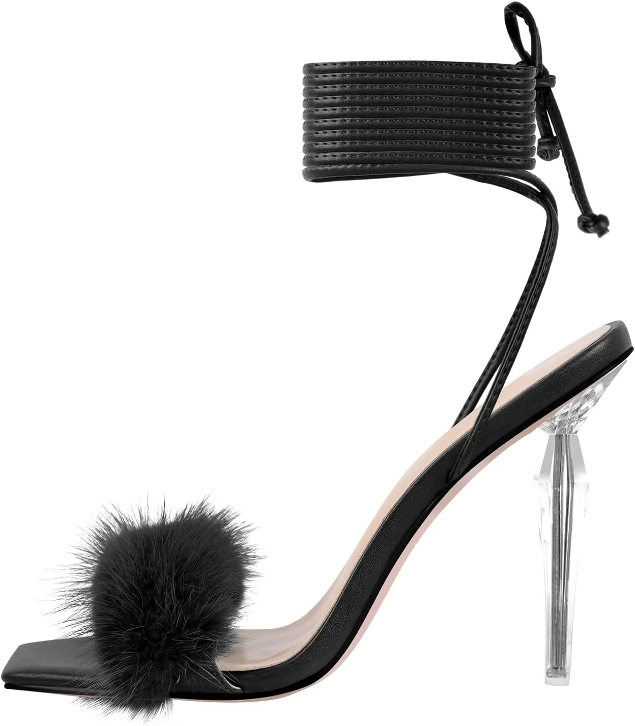 Richealnana Women's Fluffy Feather Pointed Toe Clear Heels Sandals