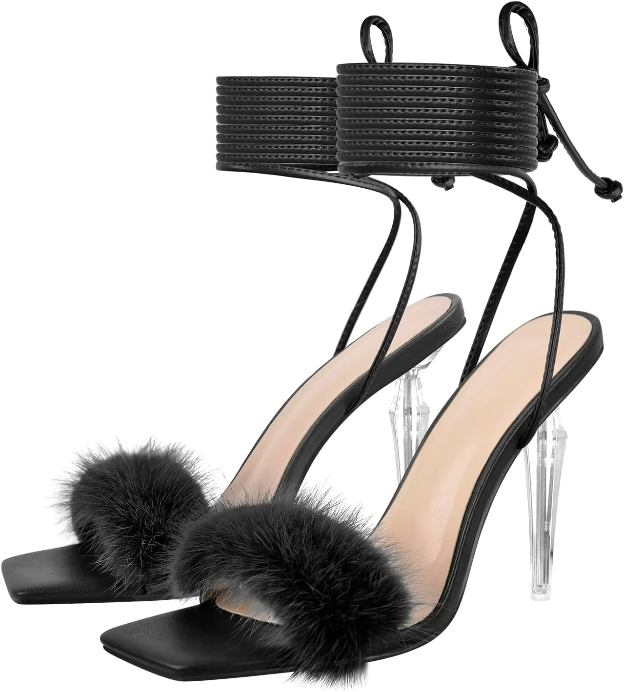 Richealnana Women's Fluffy Feather Pointed Toe Clear Heels Sandals