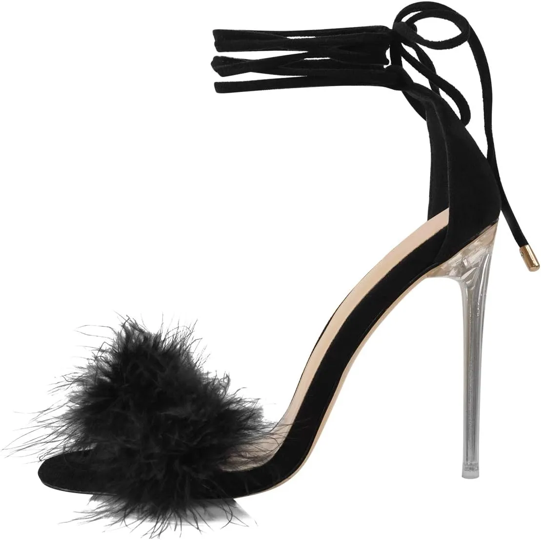 Richealnana Women's Fuzzy Strappy Wrapped Artificial Feather Clear Heeled Sandals