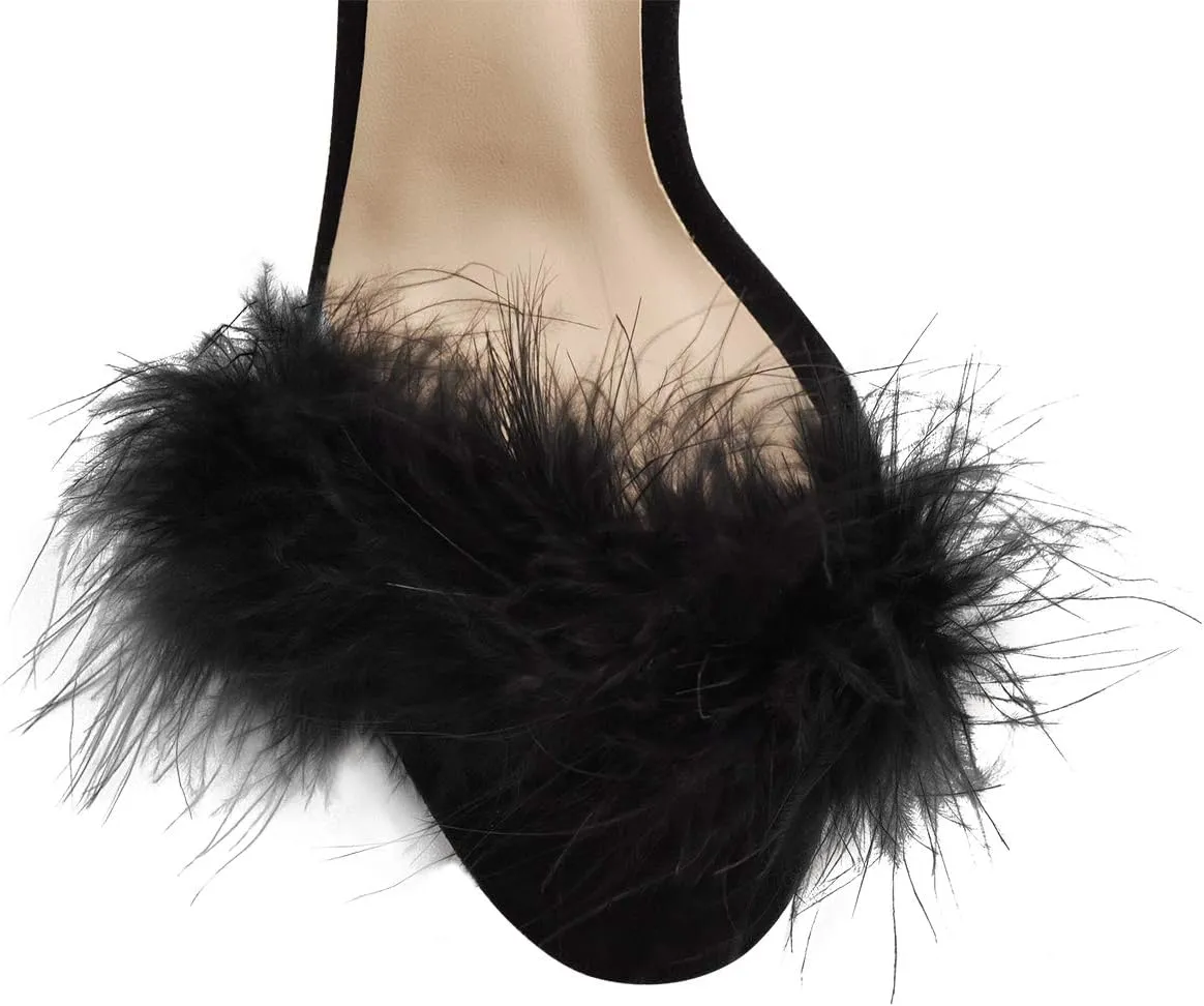 Richealnana Women's Fuzzy Strappy Wrapped Artificial Feather Clear Heeled Sandals