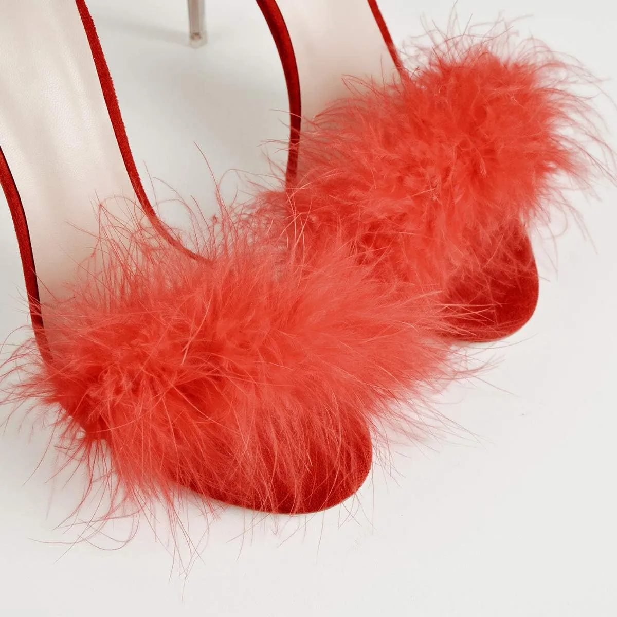 Richealnana Women's Fuzzy Strappy Wrapped Artificial Feather Clear Heeled Sandals