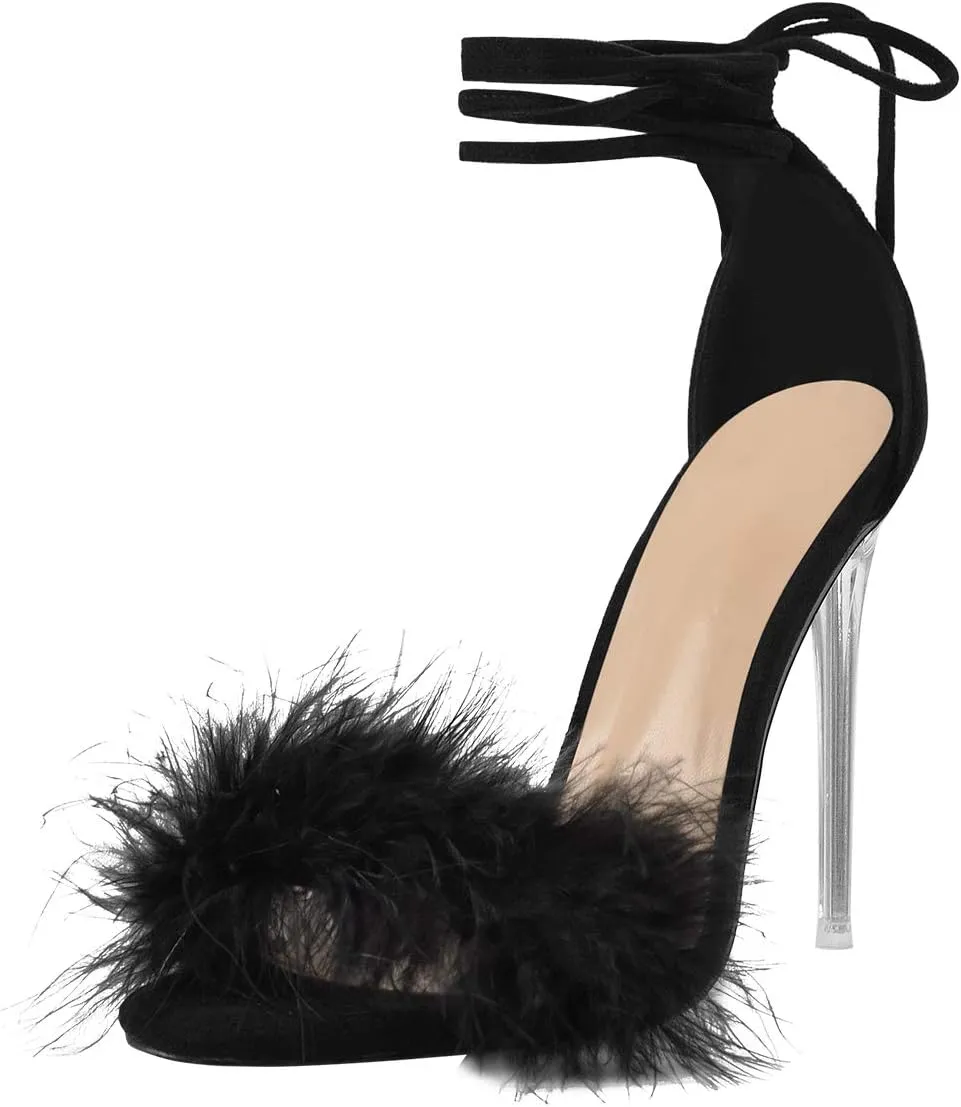 Richealnana Women's Fuzzy Strappy Wrapped Artificial Feather Clear Heeled Sandals