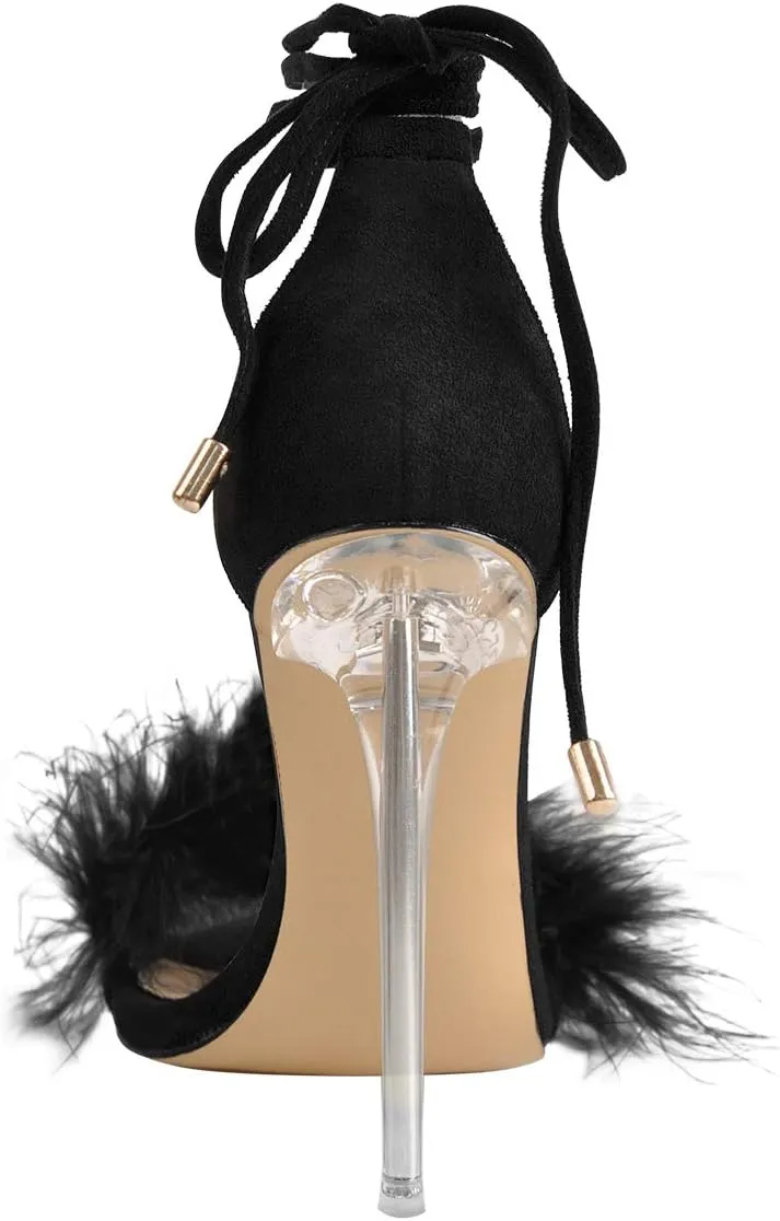 Richealnana Women's Fuzzy Strappy Wrapped Artificial Feather Clear Heeled Sandals