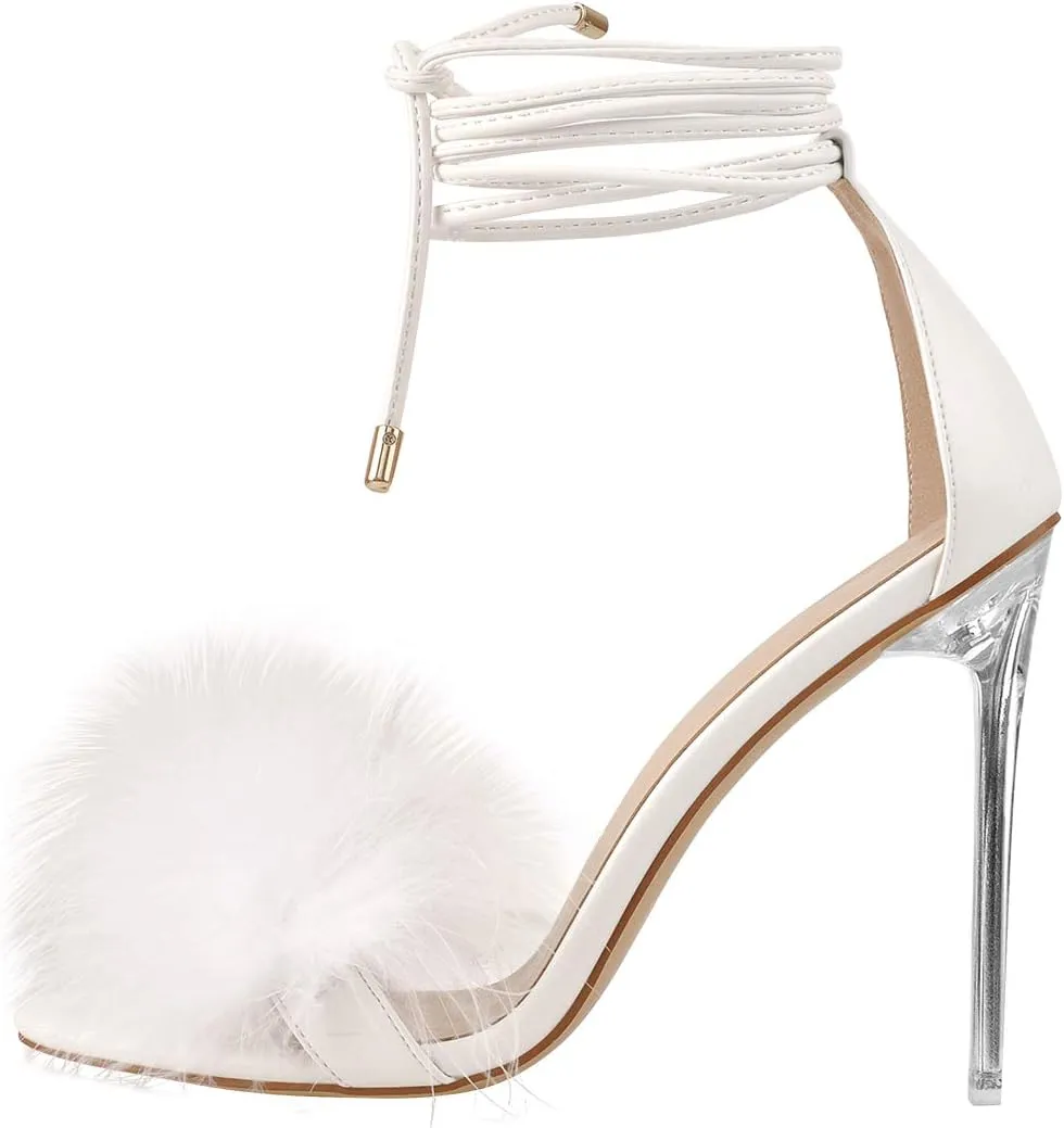 Richealnana Women's Fuzzy Strappy Wrapped Artificial Feather Clear Heeled Sandals