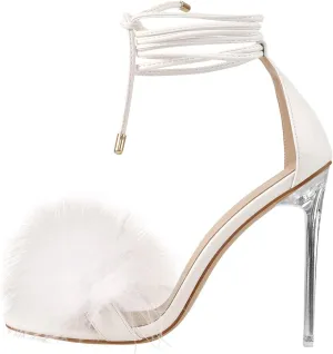 Richealnana Women's Fuzzy Strappy Wrapped Artificial Feather Clear Heeled Sandals