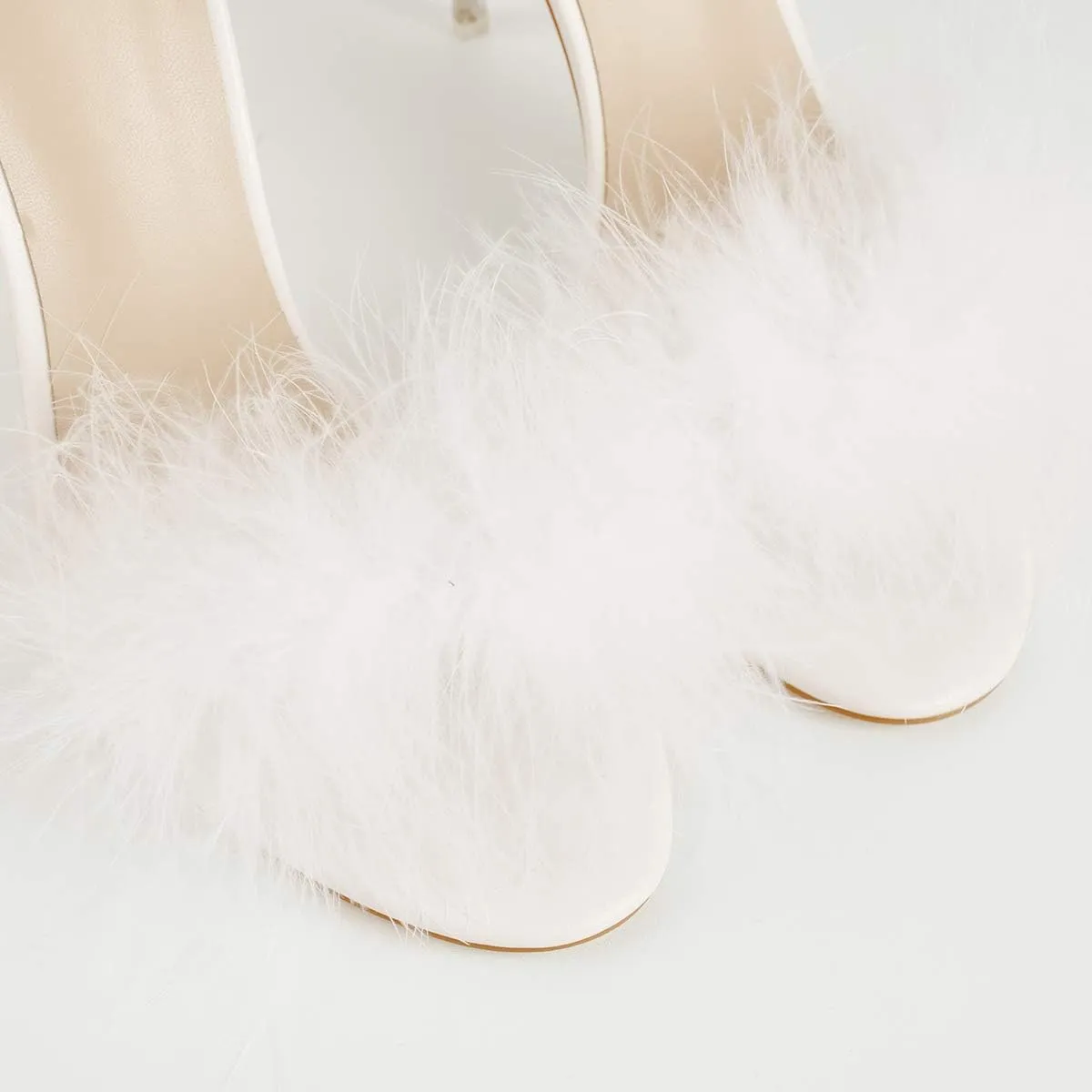 Richealnana Women's Fuzzy Strappy Wrapped Artificial Feather Clear Heeled Sandals