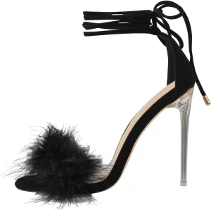 Richealnana Women's Fuzzy Strappy Wrapped Artificial Feather Clear Heeled Sandals