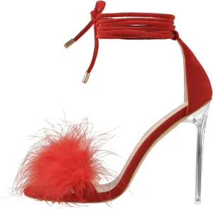 Richealnana Women's Fuzzy Strappy Wrapped Artificial Feather Clear Heeled Sandals