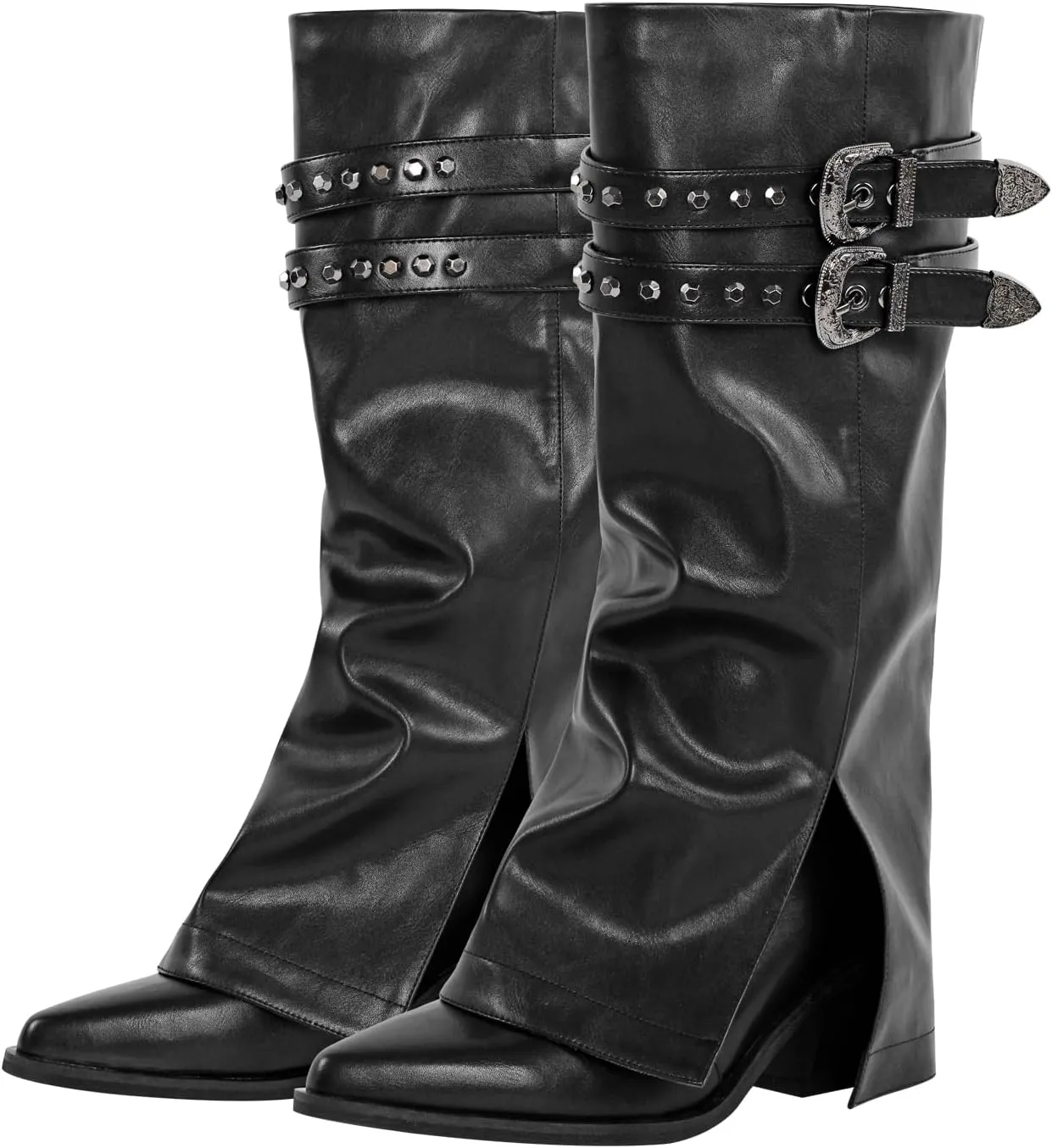 richealnini Fold Over Knee High Boots with Buckles Straps Pointed Toe Mid Calf Western Cowboy Boots