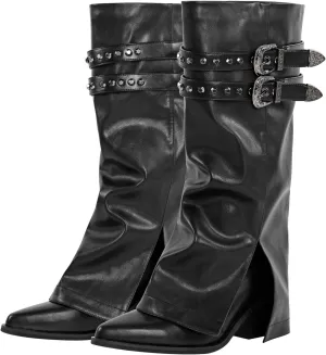 richealnini Fold Over Knee High Boots with Buckles Straps Pointed Toe Mid Calf Western Cowboy Boots