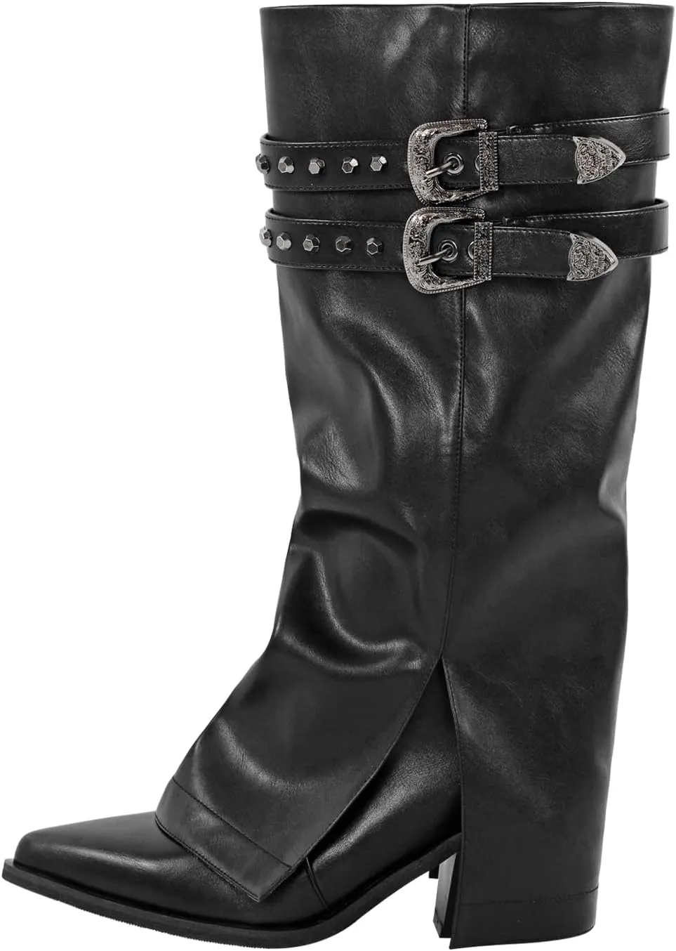 richealnini Fold Over Knee High Boots with Buckles Straps Pointed Toe Mid Calf Western Cowboy Boots