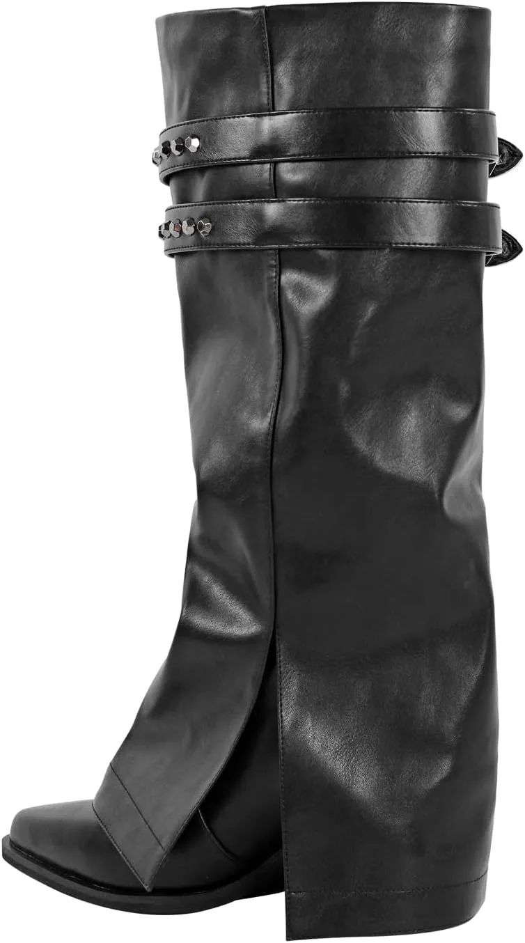 richealnini Fold Over Knee High Boots with Buckles Straps Pointed Toe Mid Calf Western Cowboy Boots