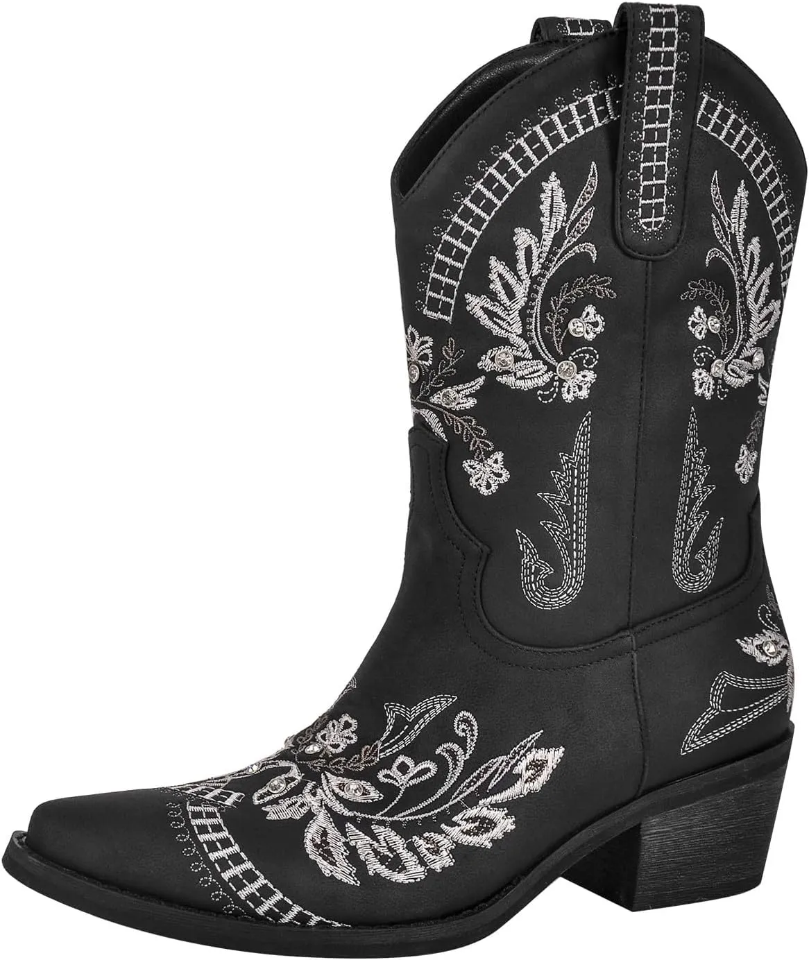 richealnini Sparkle Embroidered Rhinestone Cowboy Cowgirl Boots Pull-On Tab Ankle Boots with Side Zippers