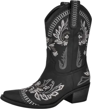 richealnini Sparkle Embroidered Rhinestone Cowboy Cowgirl Boots Pull-On Tab Ankle Boots with Side Zippers