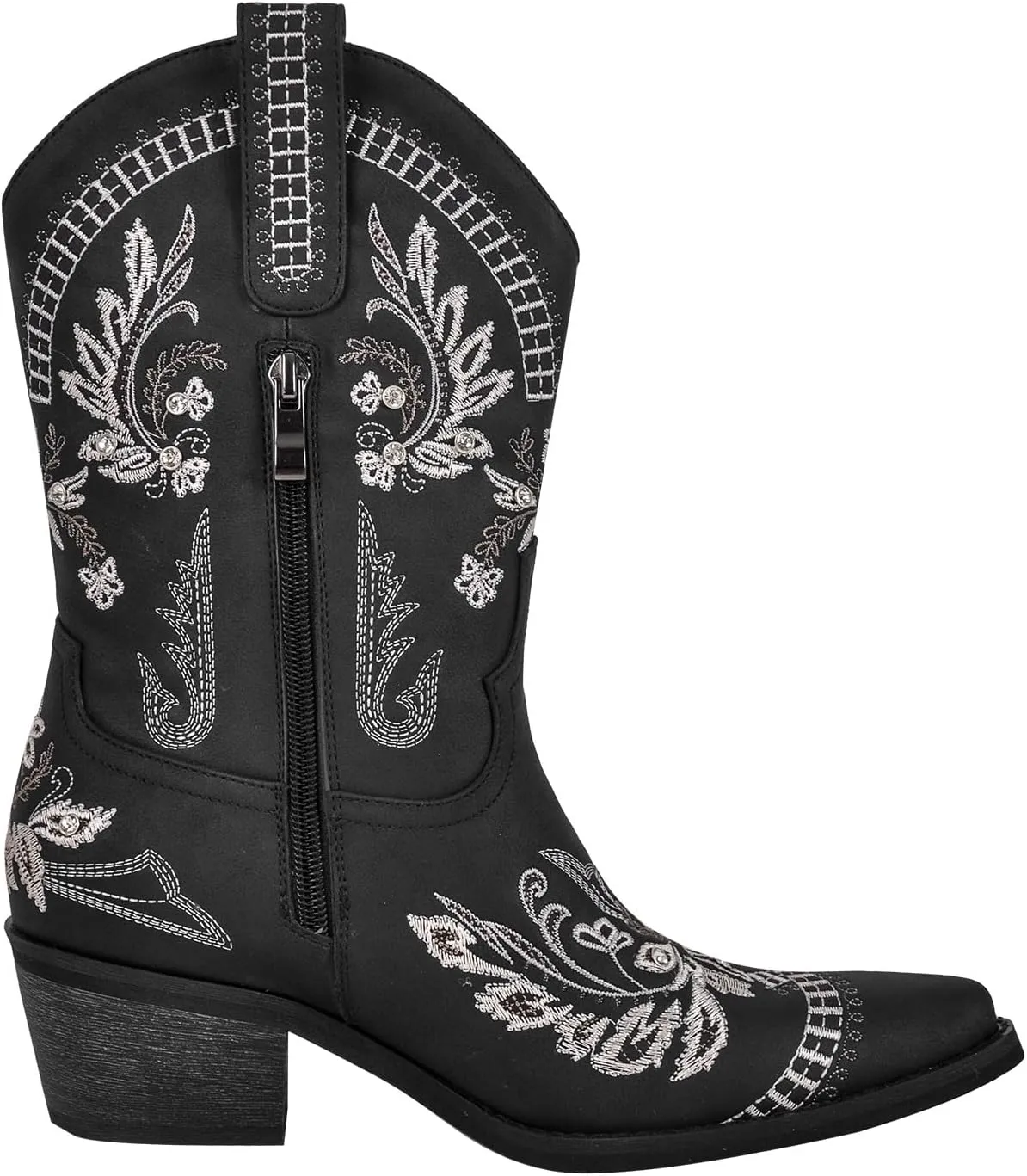 richealnini Sparkle Embroidered Rhinestone Cowboy Cowgirl Boots Pull-On Tab Ankle Boots with Side Zippers
