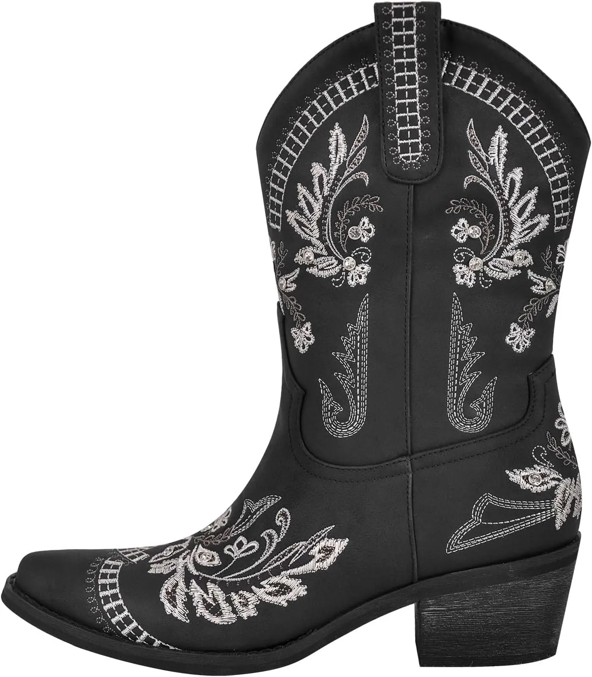richealnini Sparkle Embroidered Rhinestone Cowboy Cowgirl Boots Pull-On Tab Ankle Boots with Side Zippers