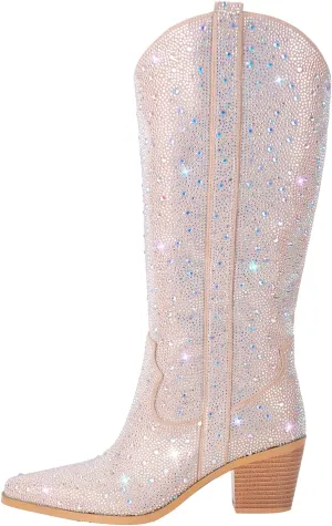 richealnini Sparkle Rhinestone Cowgirl Cowboy Boots for Women Pull On Diamante Heeled Bootes