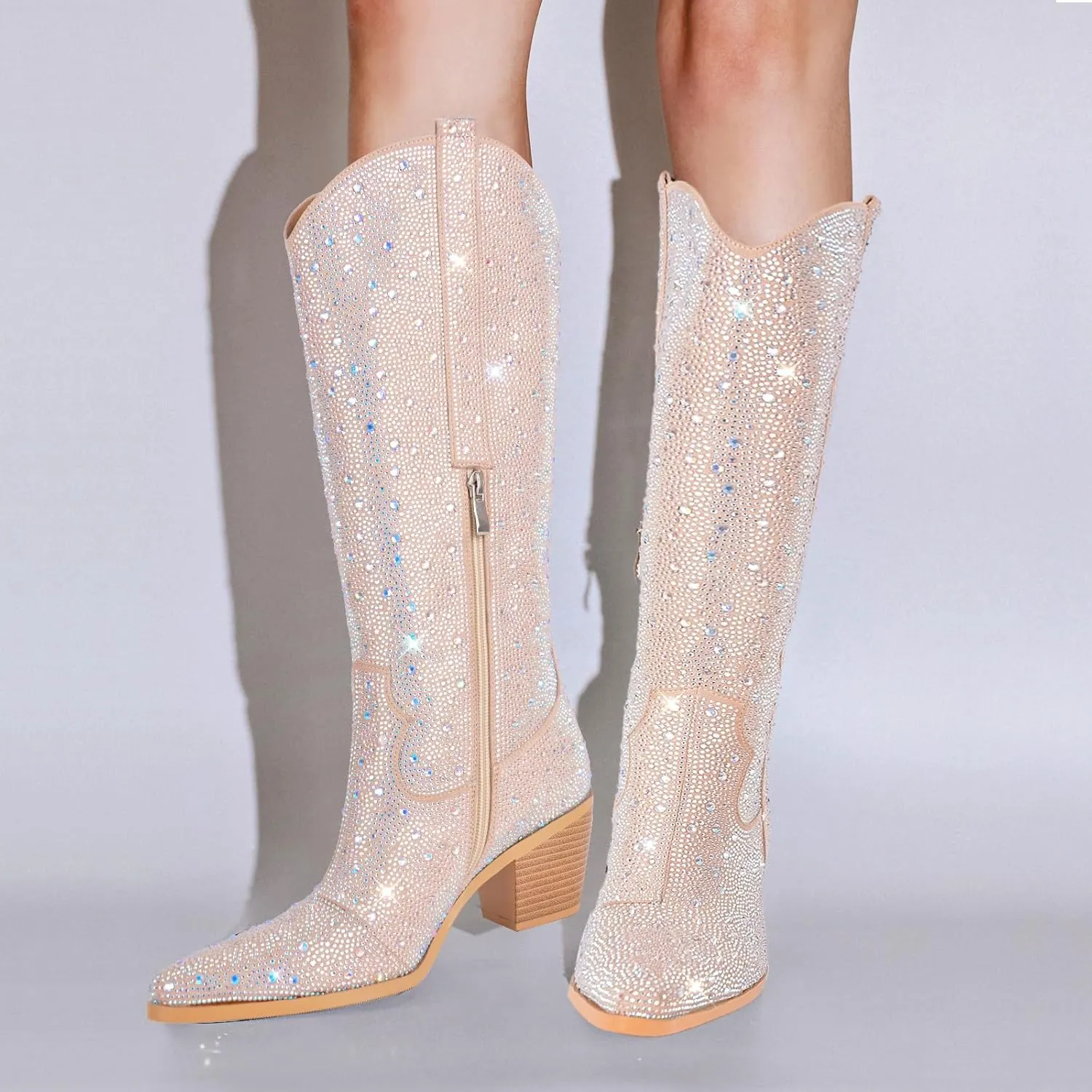 richealnini Sparkle Rhinestone Cowgirl Cowboy Boots for Women Pull On Diamante Heeled Bootes