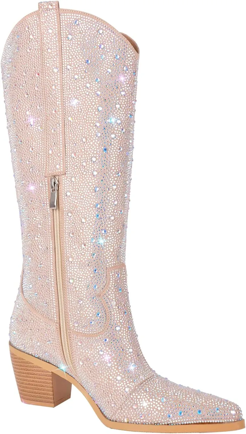 richealnini Sparkle Rhinestone Cowgirl Cowboy Boots for Women Pull On Diamante Heeled Bootes