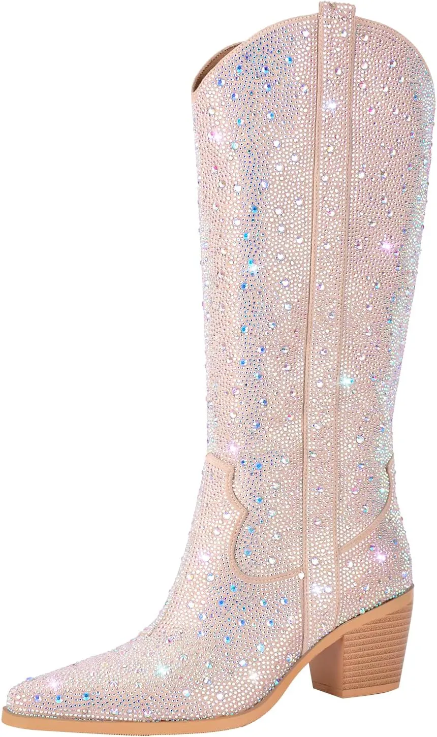 richealnini Sparkle Rhinestone Cowgirl Cowboy Boots for Women Pull On Diamante Heeled Bootes
