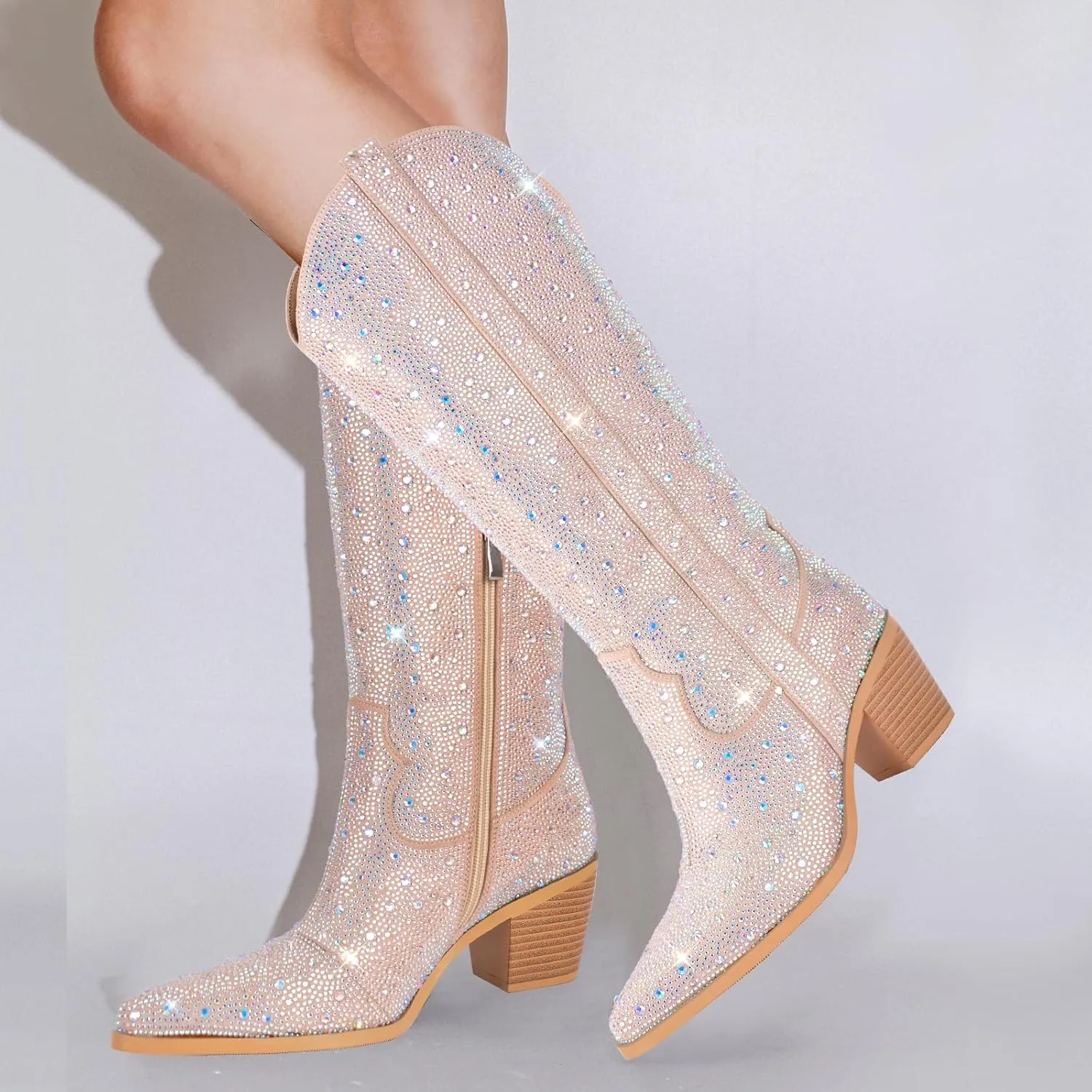 richealnini Sparkle Rhinestone Cowgirl Cowboy Boots for Women Pull On Diamante Heeled Bootes