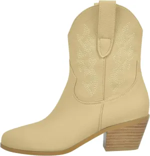 richealnini Women's Cowboy Boots Pull On Stacked Heeled Booties