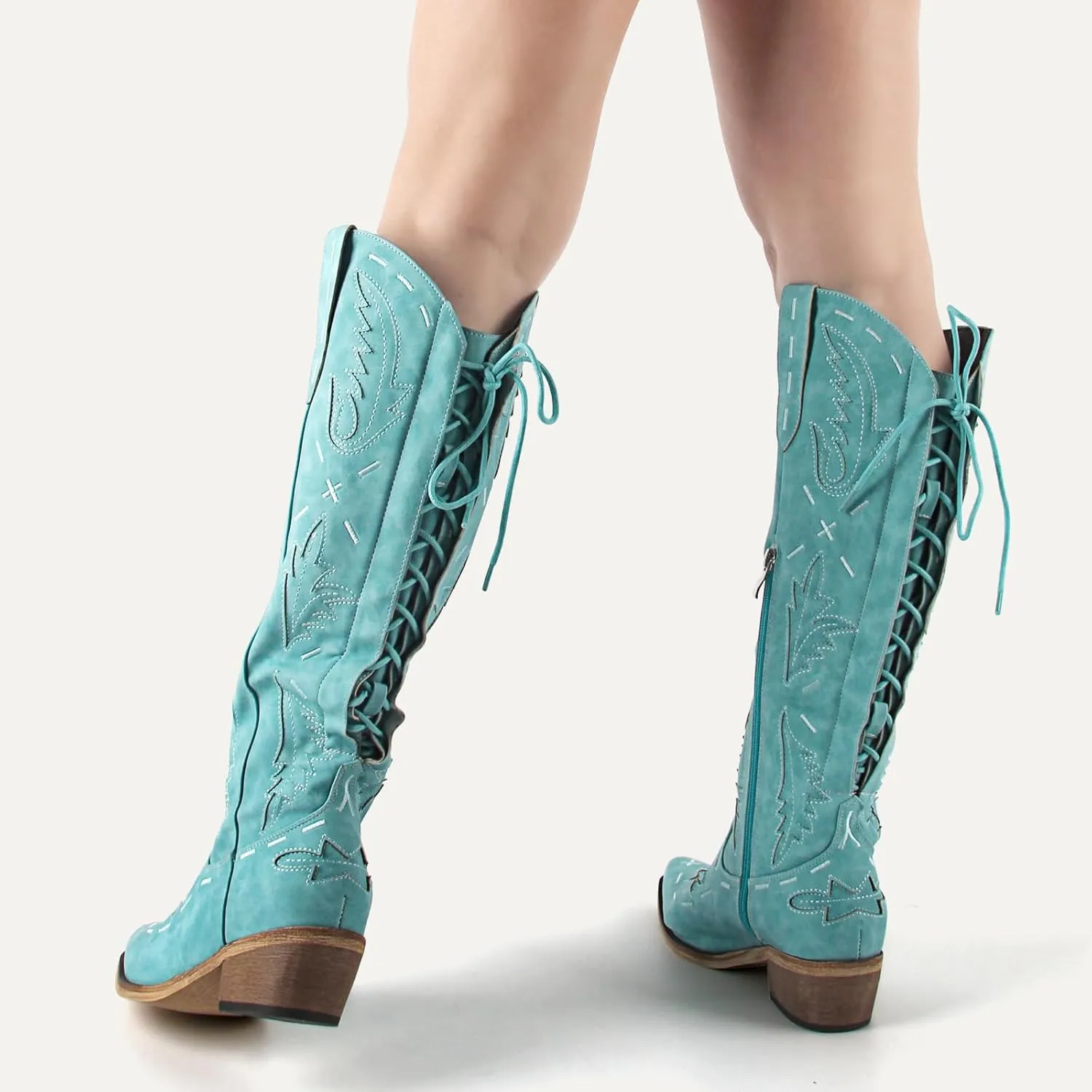 richealnini Women's Embroidered Knee High Boots Zipper Dressy Adjustable Lace Up Western Cowboy Boots