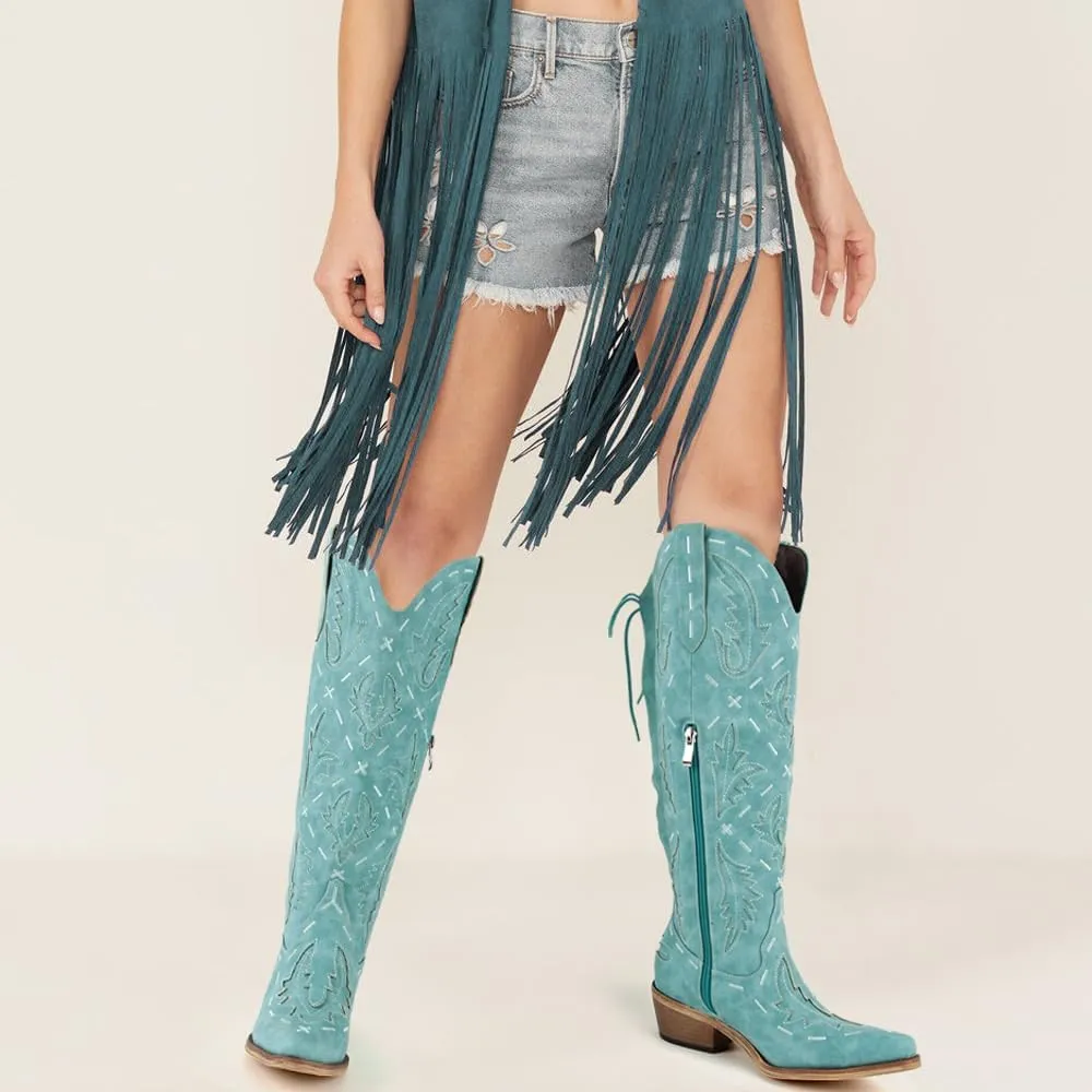 richealnini Women's Embroidered Knee High Boots Zipper Dressy Adjustable Lace Up Western Cowboy Boots