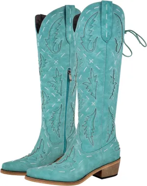 richealnini Women's Embroidered Knee High Boots Zipper Dressy Adjustable Lace Up Western Cowboy Boots