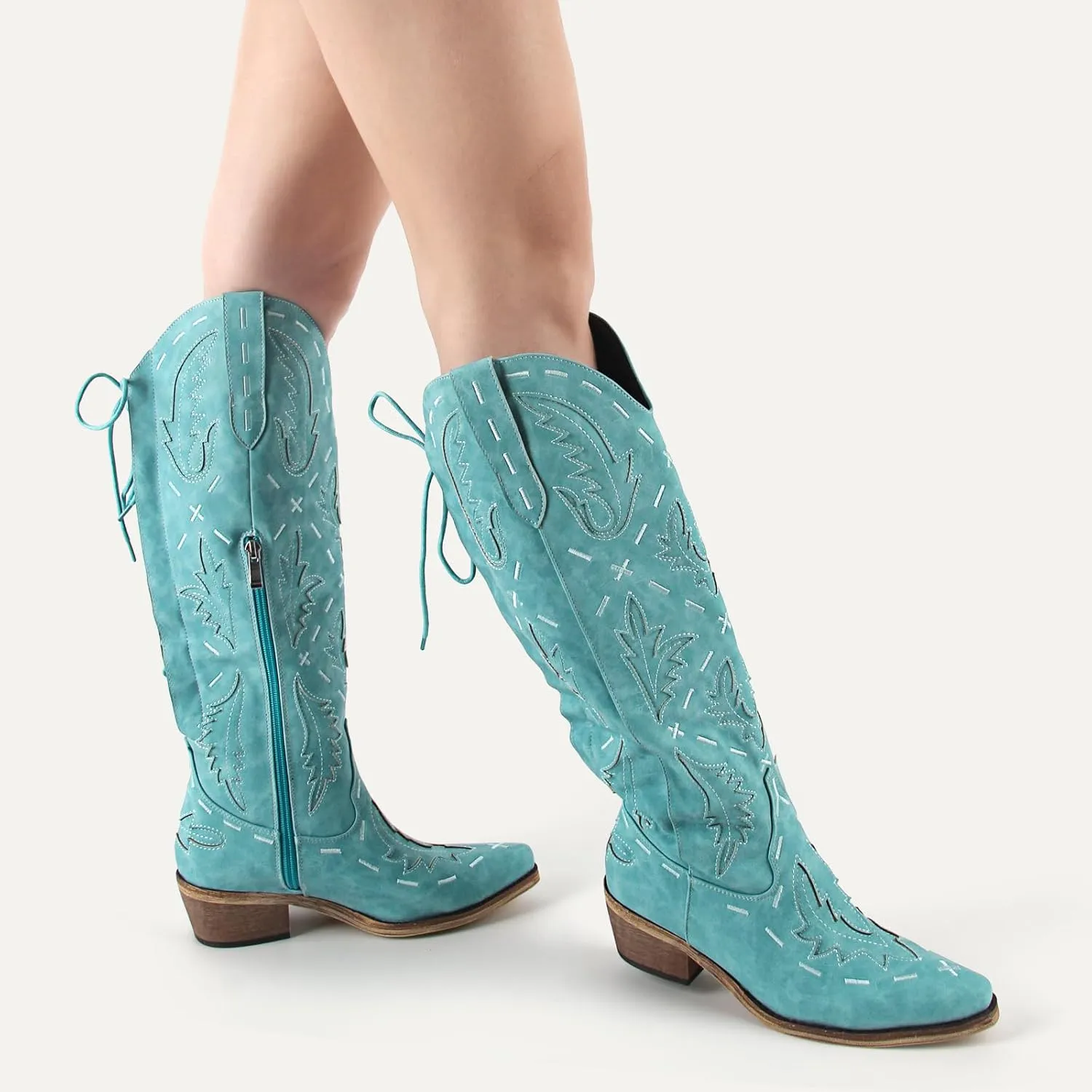 richealnini Women's Embroidered Knee High Boots Zipper Dressy Adjustable Lace Up Western Cowboy Boots