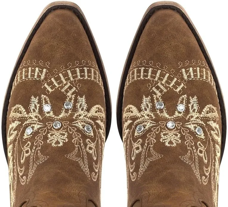 richealnini Women's Metallic Boots Embroidered Western Cowgirl Boots Pull-On Tab Knee High Booties with Crystal Outside Dress