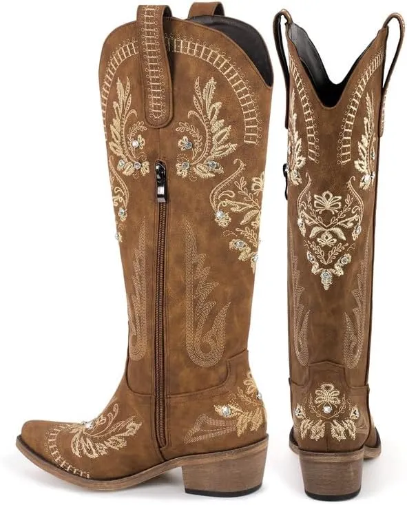 richealnini Women's Metallic Boots Embroidered Western Cowgirl Boots Pull-On Tab Knee High Booties with Crystal Outside Dress
