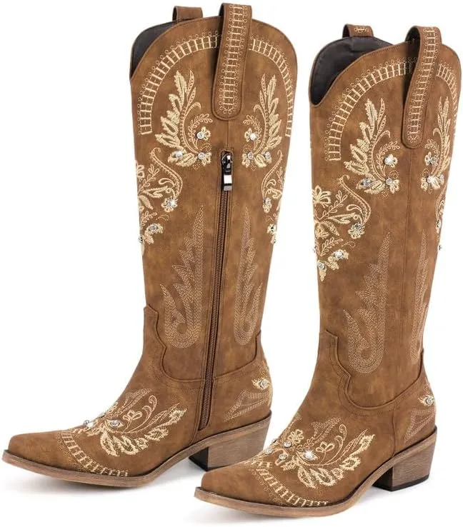 richealnini Women's Metallic Boots Embroidered Western Cowgirl Boots Pull-On Tab Knee High Booties with Crystal Outside Dress