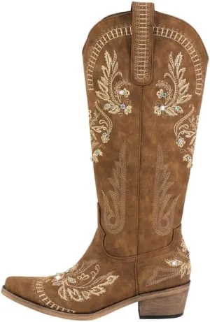 richealnini Women's Metallic Boots Embroidered Western Cowgirl Boots Pull-On Tab Knee High Booties with Crystal Outside Dress