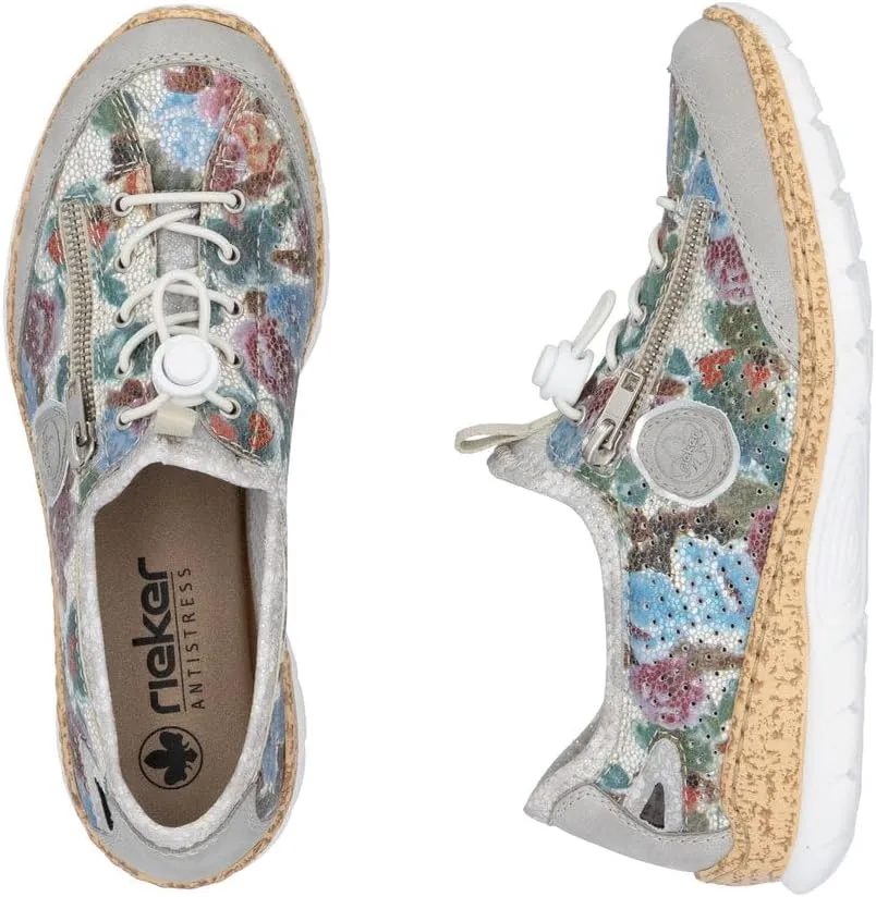 Rieker N42V1 Nikita Women's Sneakers - Lightweight Walking Slip-On Sneakers with Floral Design, Elastic Bungee Lacing & Cushioned Durable Sole for Comfort
