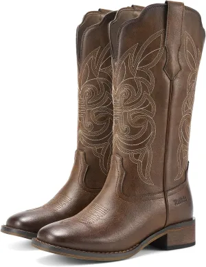 Rollda Cowgirl Boots Cowboy Boots for Women Square Toe Mid Calf Western Boots Ladies Fashion Boots with Chunky Heel