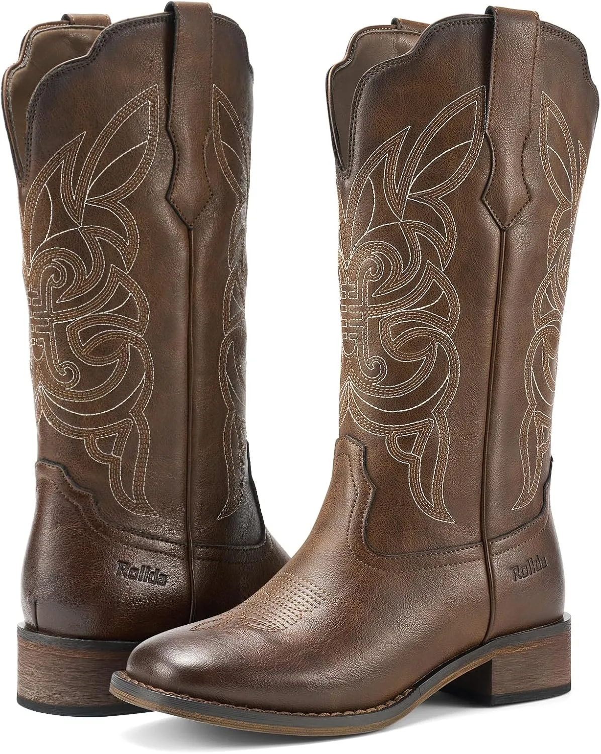 Rollda Cowgirl Boots Cowboy Boots for Women Square Toe Mid Calf Western Boots Ladies Fashion Boots with Chunky Heel