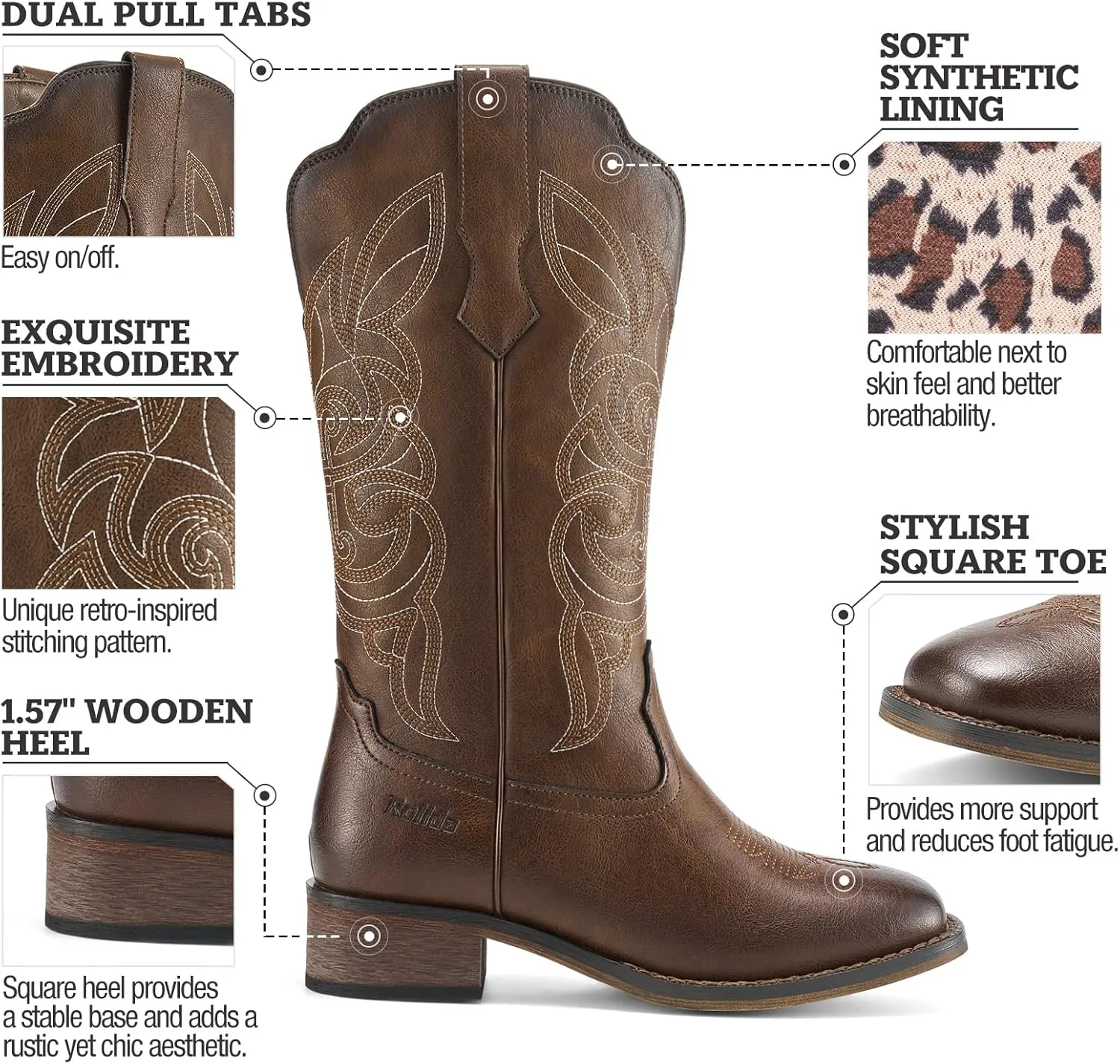 Rollda Cowgirl Boots Cowboy Boots for Women Square Toe Mid Calf Western Boots Ladies Fashion Boots with Chunky Heel