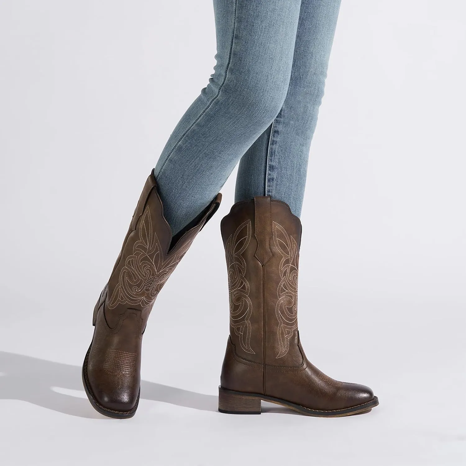 Rollda Cowgirl Boots Cowboy Boots for Women Square Toe Mid Calf Western Boots Ladies Fashion Boots with Chunky Heel
