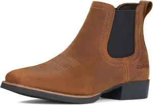 Rollda Leather Cowboy Boots for Men Western Boots Square Toe Chunky Heel Mid-Calf Boots Classic Embroidered with Pull On Tabs