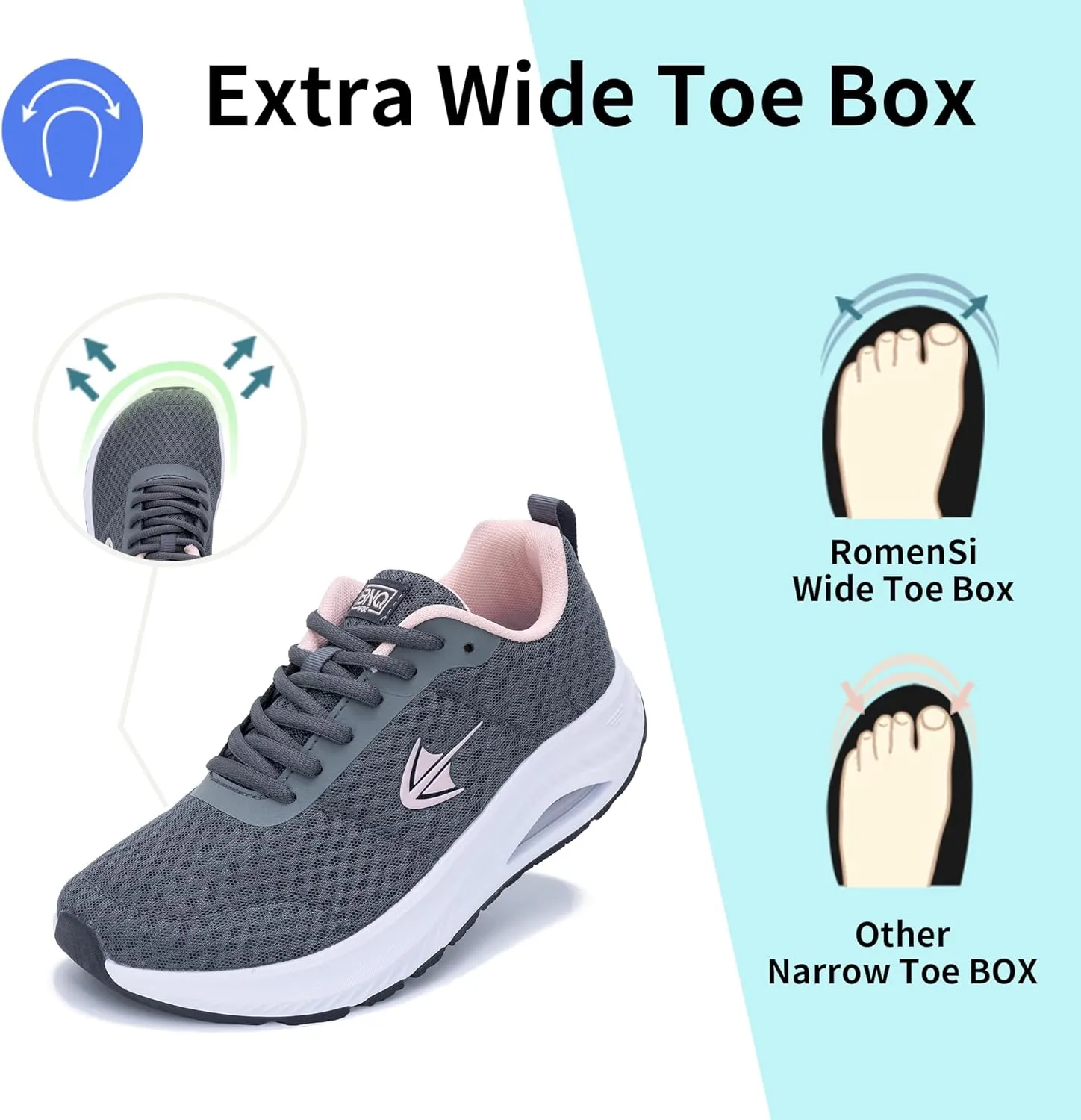 RomenSi Wide Toe Box Shoes Women Arch Support Walking Shoes Air Athletic Tennis Wide Width Sneakers for Plantar Fasciitis US 6-11